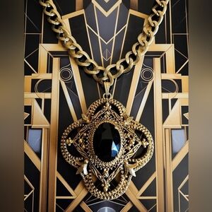 Vintage Florenza Gold Tone and Black Statement Necklace Pendant Runway Jewelry